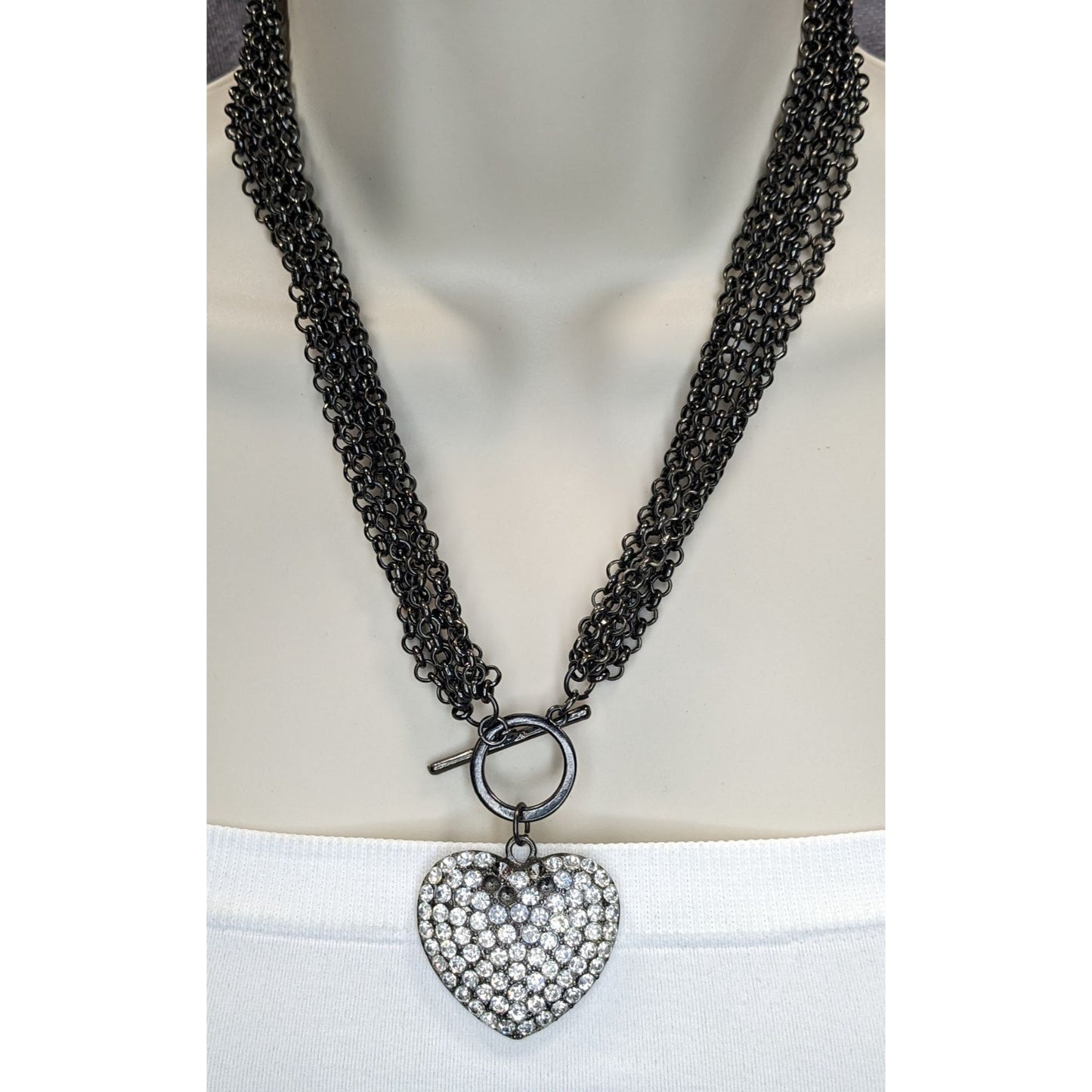 Rhinestone Heart Pendant Necklace Multi Chain Gunmetal Love Glam