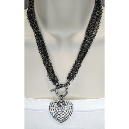 Rhinestone Heart Pendant Necklace Multi Chain Gunmetal Love Glam