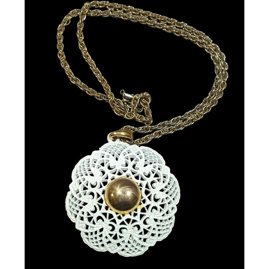 Vintage Victorian Style White Filigree And Gold Tone Pendant Necklace
