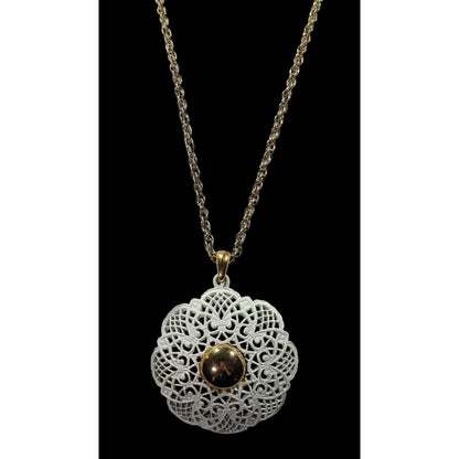 Vintage Victorian Style White Filigree And Gold Tone Pendant Necklace