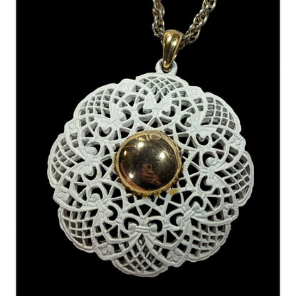 Vintage Victorian Style White Filigree And Gold Tone Pendant Necklace