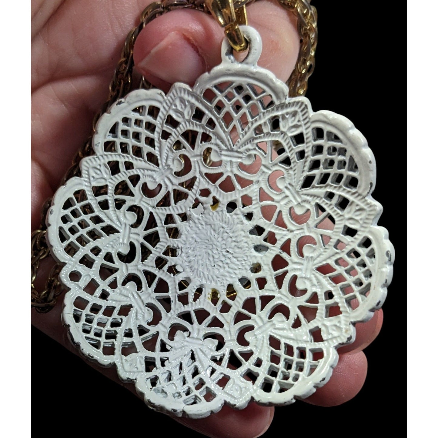 Vintage Victorian Style White Filigree And Gold Tone Pendant Necklace