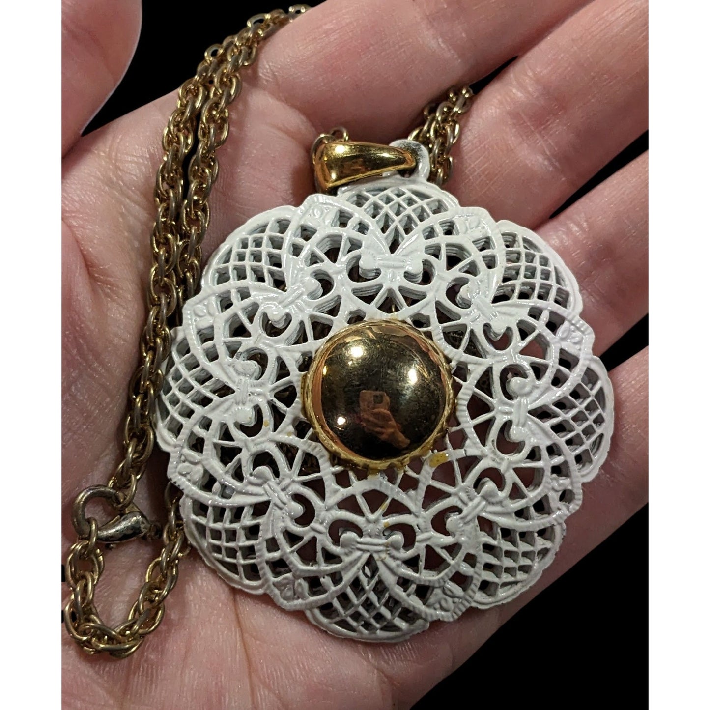 Vintage Victorian Style White Filigree And Gold Tone Pendant Necklace