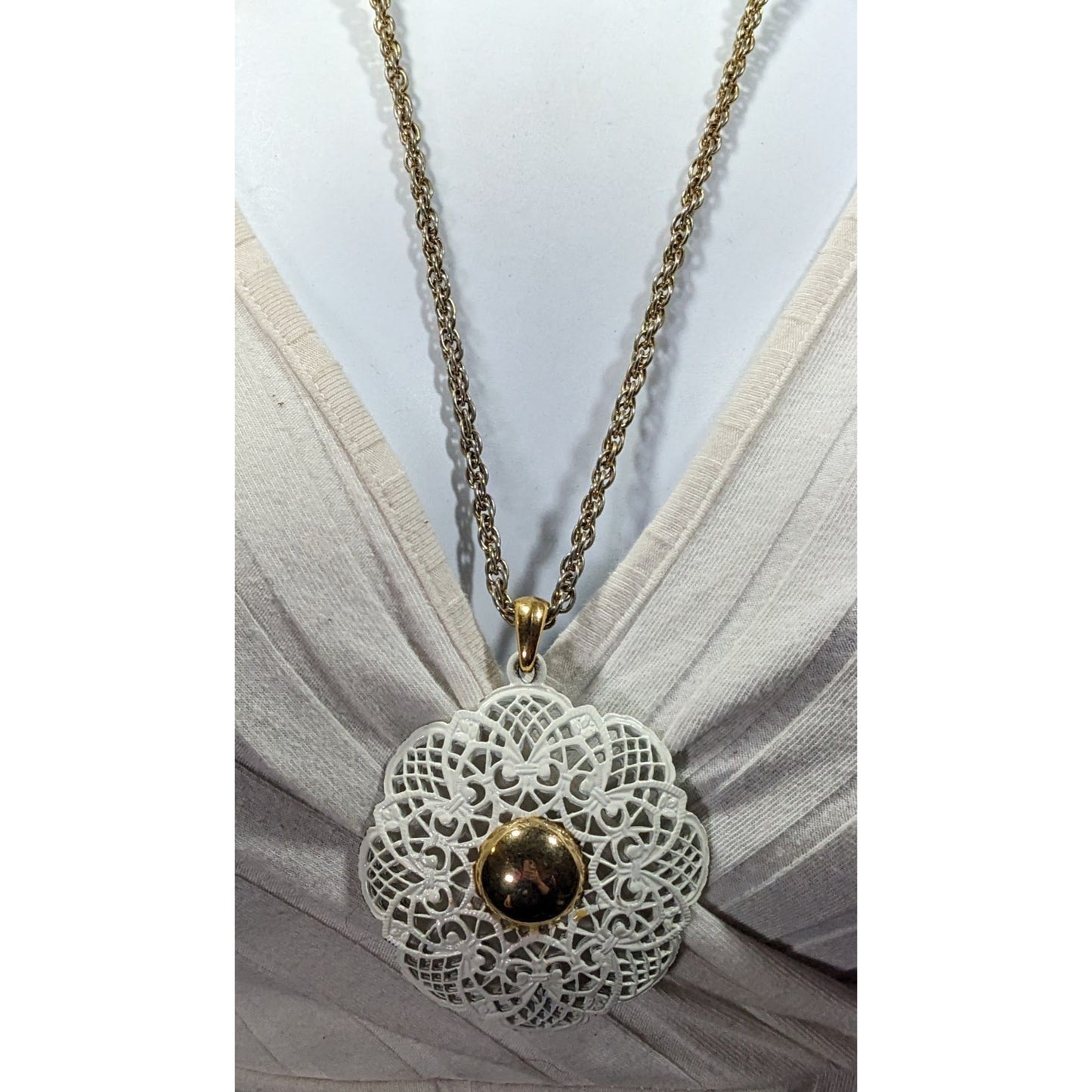 Vintage Victorian Style White Filigree And Gold Tone Pendant Necklace