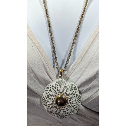 Vintage Victorian Style White Filigree And Gold Tone Pendant Necklace