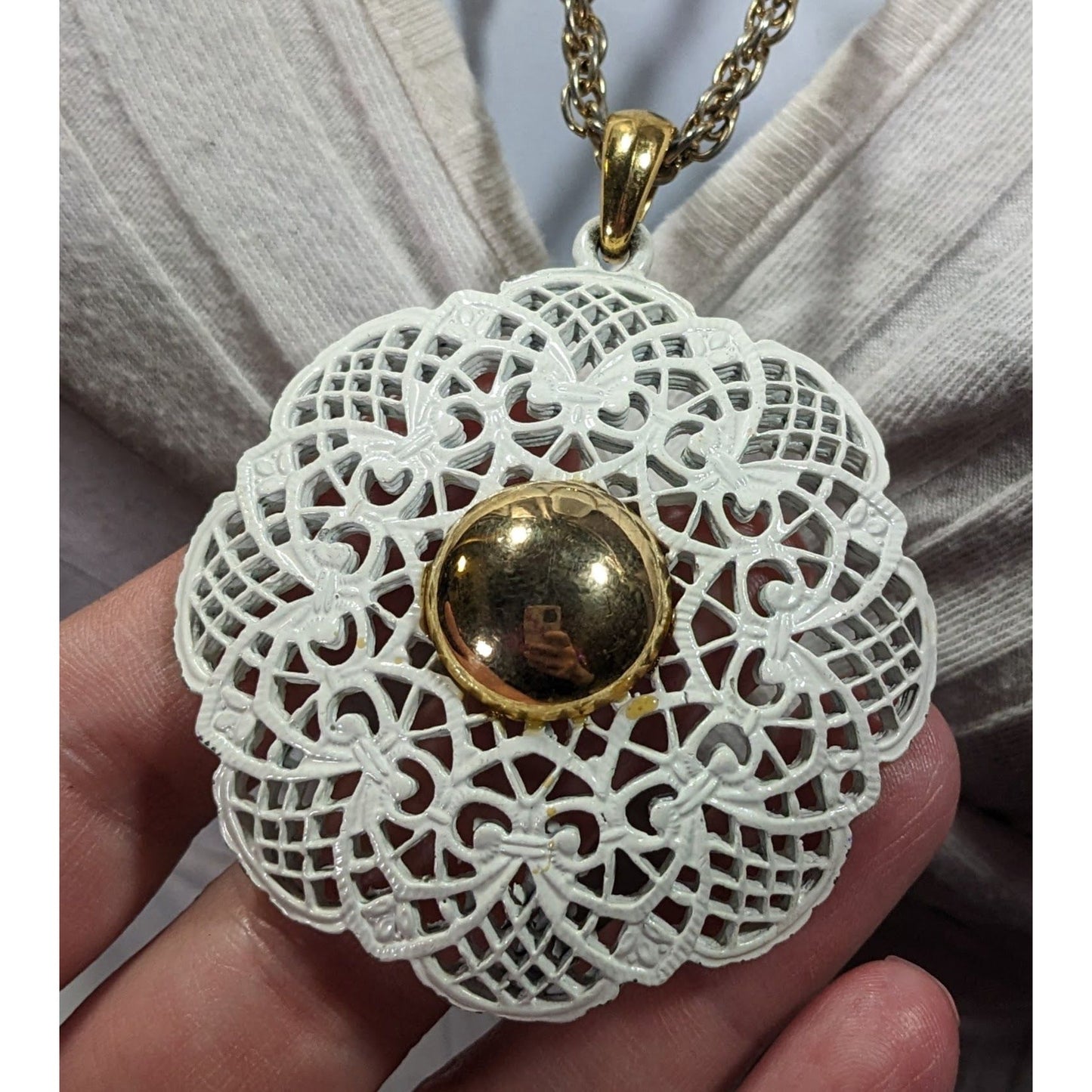 Vintage Victorian Style White Filigree And Gold Tone Pendant Necklace