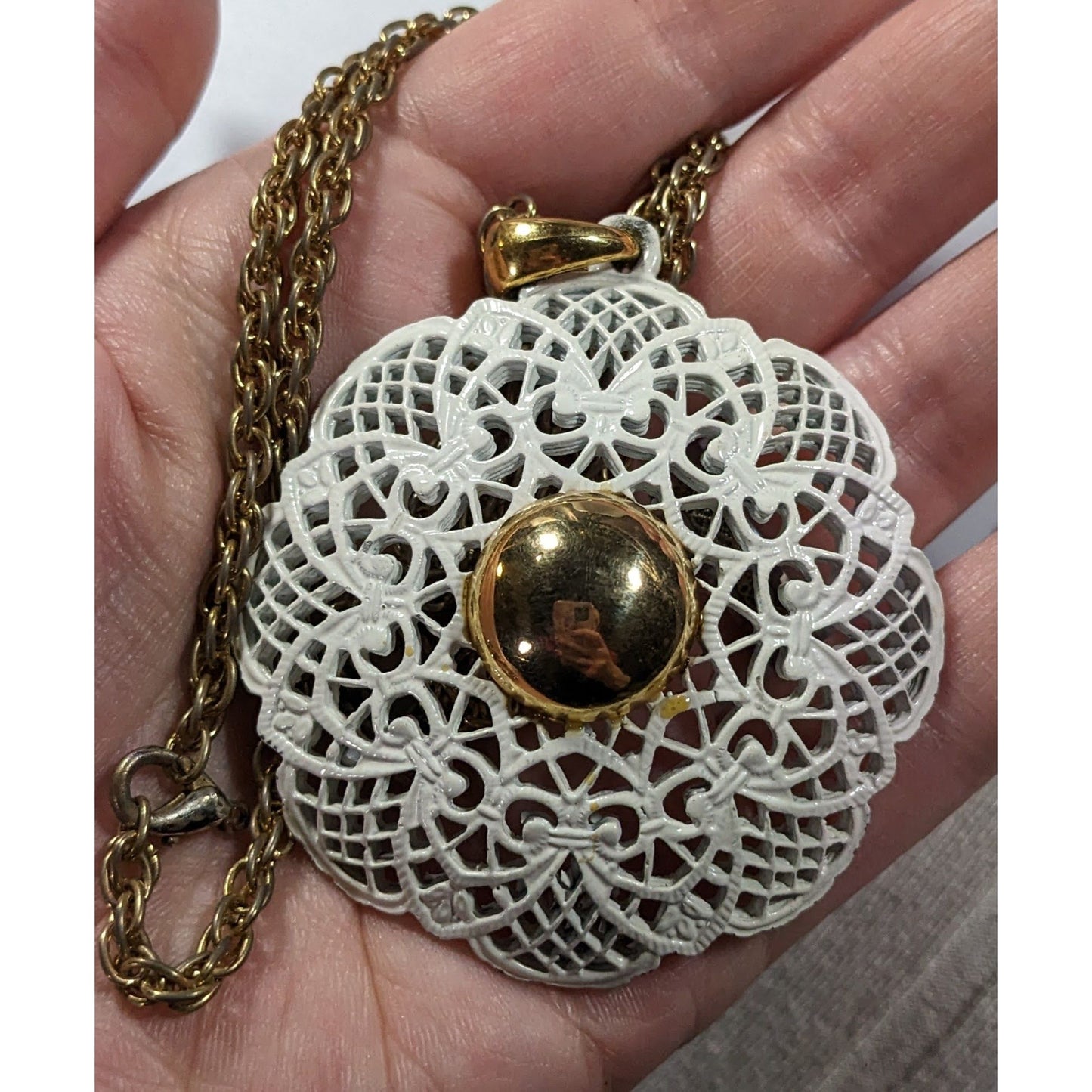 Vintage Victorian Style White Filigree And Gold Tone Pendant Necklace