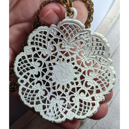 Vintage Victorian Style White Filigree And Gold Tone Pendant Necklace