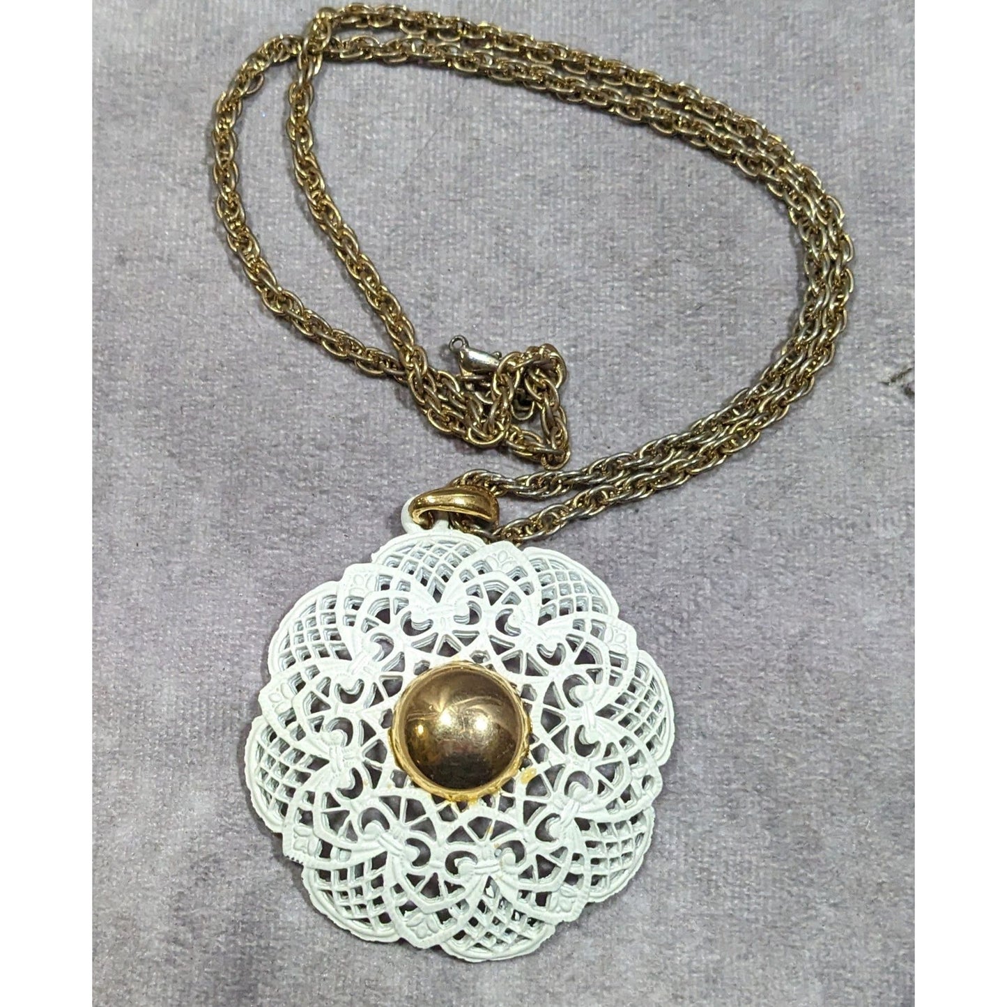 Vintage Victorian Style White Filigree And Gold Tone Pendant Necklace