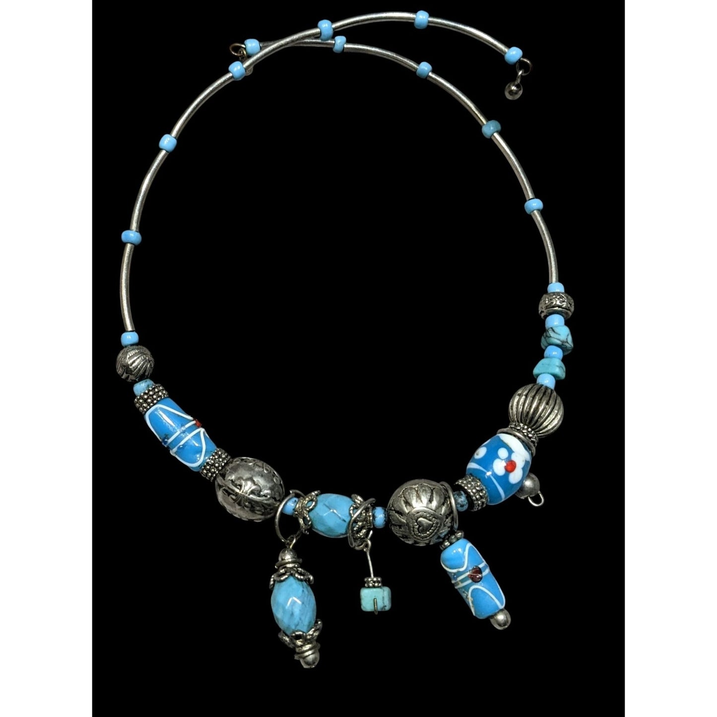 Handcrafted Beaded Necklace With Blue Glass Charms & Silver Tone Accents