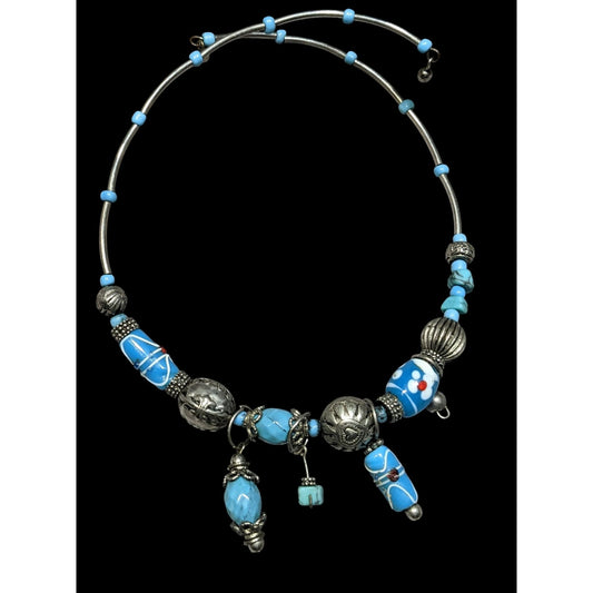 Handcrafted Beaded Necklace With Blue Glass Charms & Silver Tone Accents