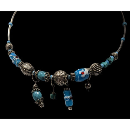 Handcrafted Beaded Necklace With Blue Glass Charms & Silver Tone Accents