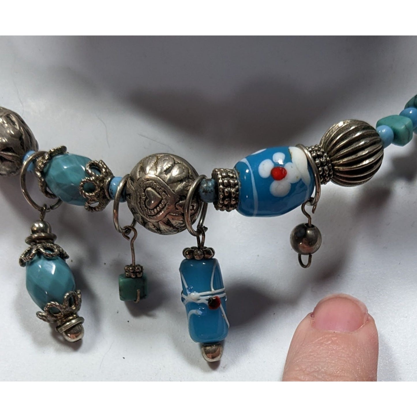 Handcrafted Beaded Necklace With Blue Glass Charms & Silver Tone Accents