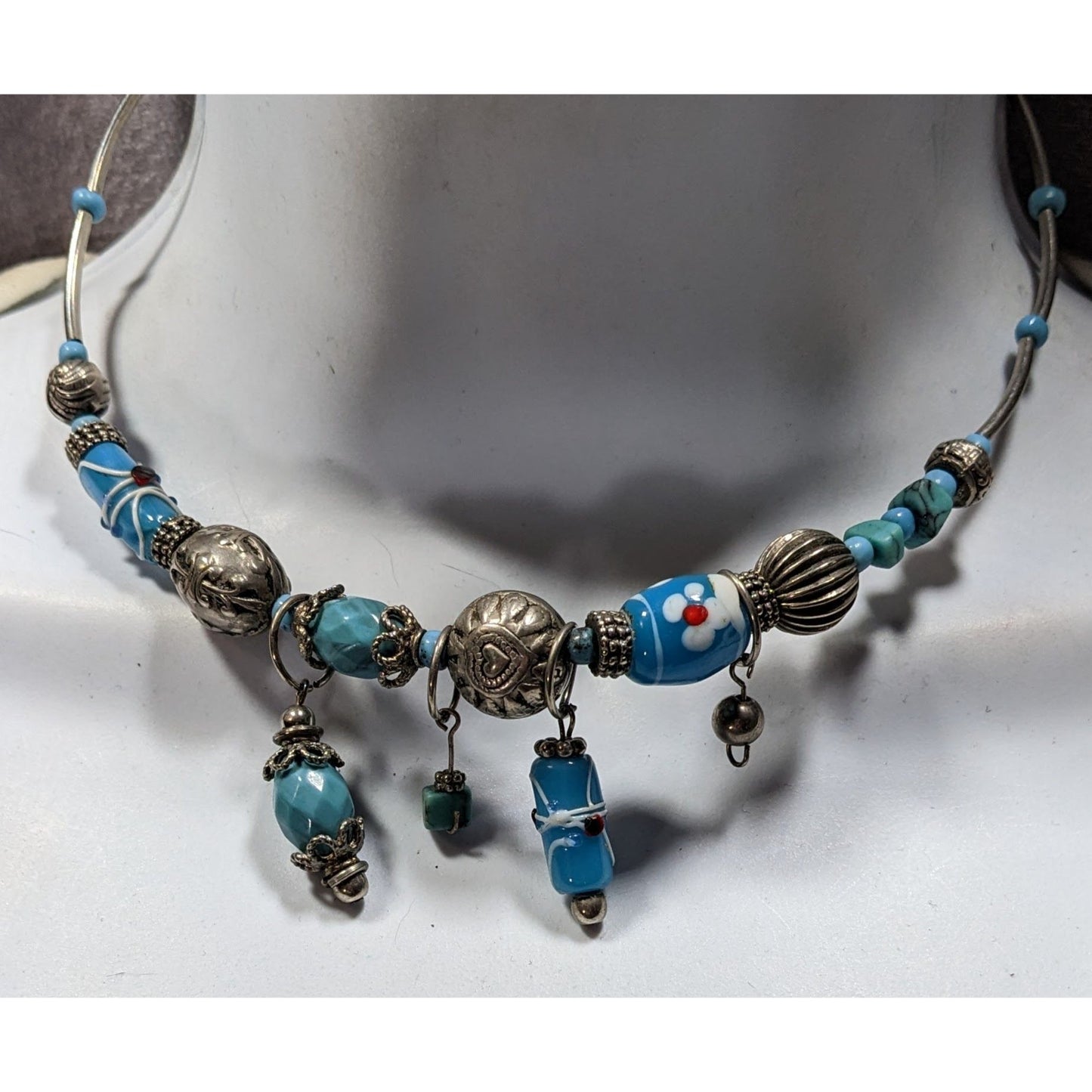 Handcrafted Beaded Necklace With Blue Glass Charms & Silver Tone Accents