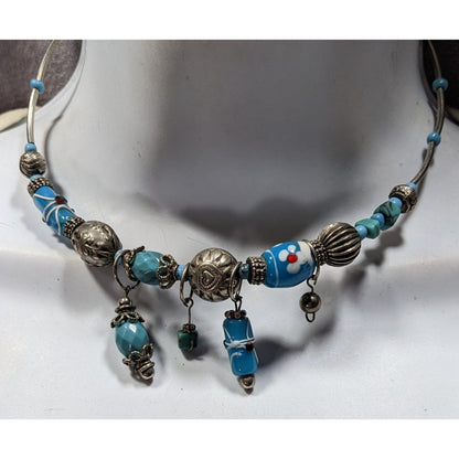 Handcrafted Beaded Necklace With Blue Glass Charms & Silver Tone Accents