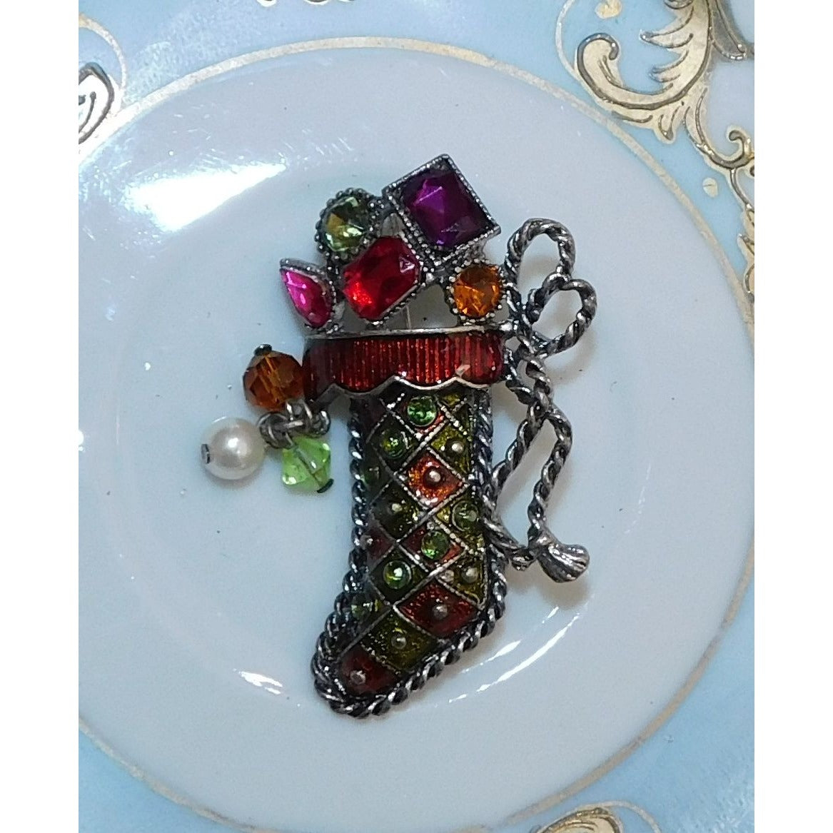 Vintage Kenneth Cole Jeweled Stocking Brooch