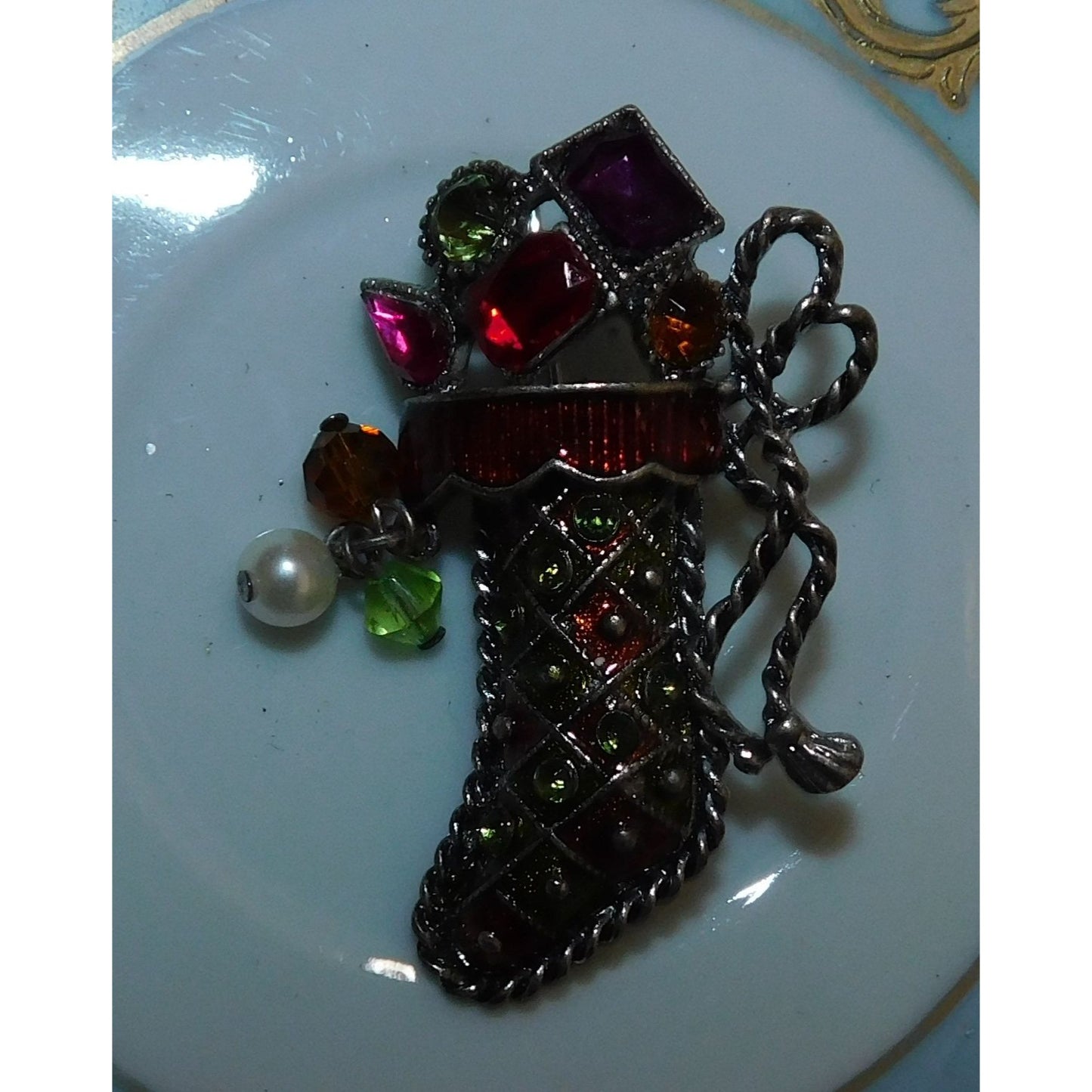 Vintage Kenneth Cole Jeweled Stocking Brooch