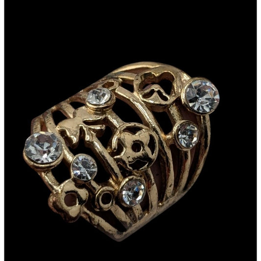 Wide Openwork Butterfly Flower Rhinestone Ring Gold Tone Fairy Glam Cottagecore Statement
