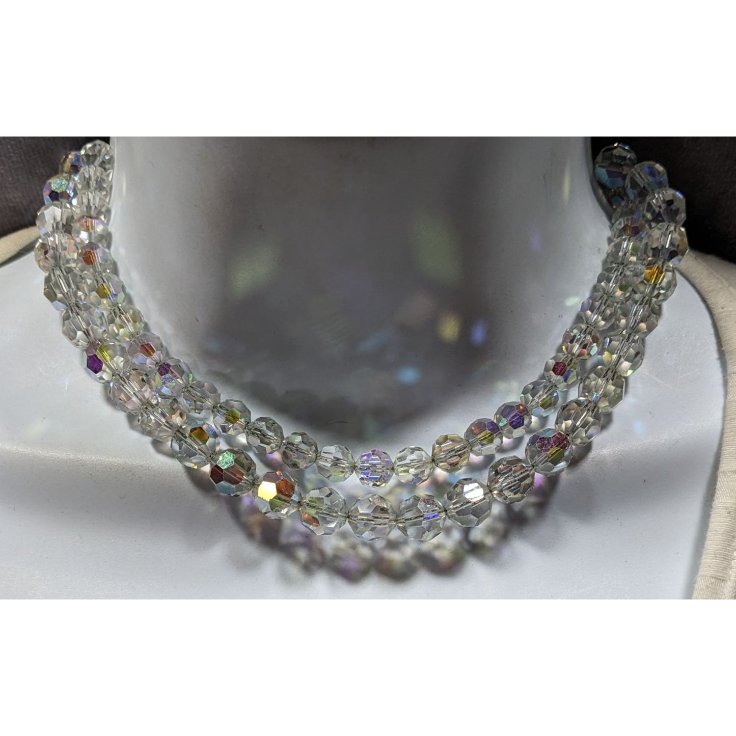 Vintage Double-Strand Aurora Borealis Crystal Bead Necklace