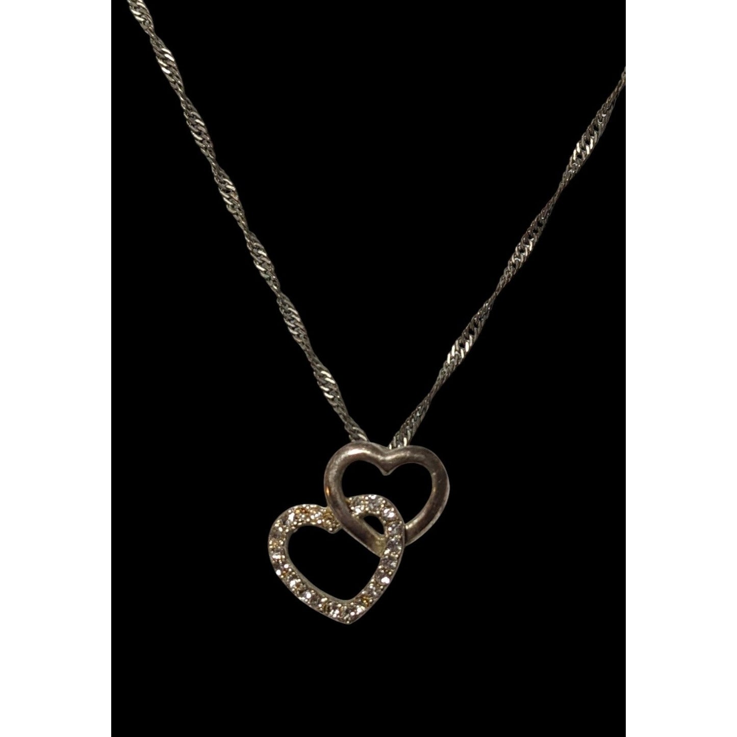 Silver Tone Rhinestone Double Heart Pendant Necklace