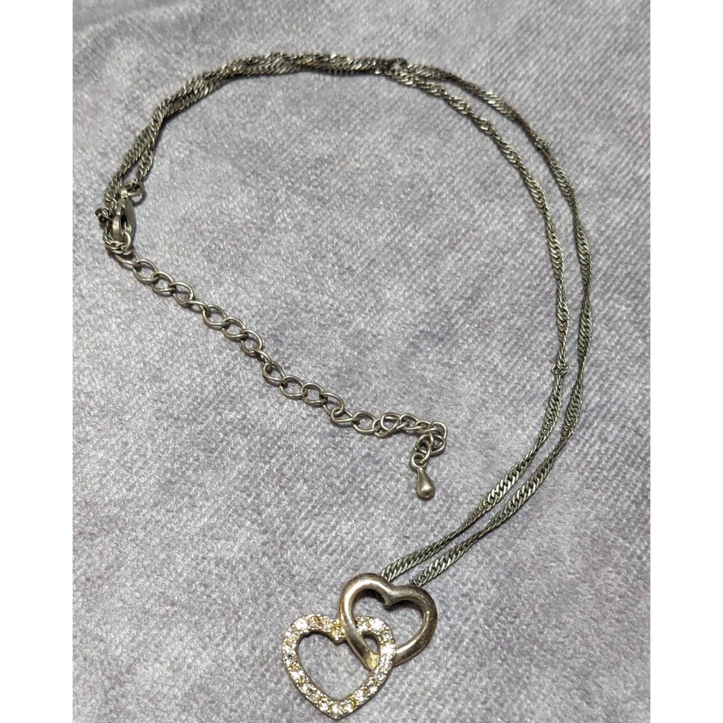 Silver Tone Rhinestone Double Heart Pendant Necklace