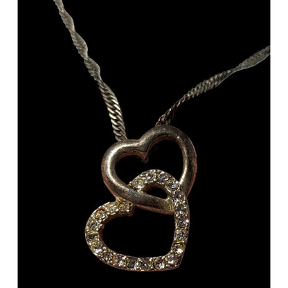 Silver Tone Rhinestone Double Heart Pendant Necklace