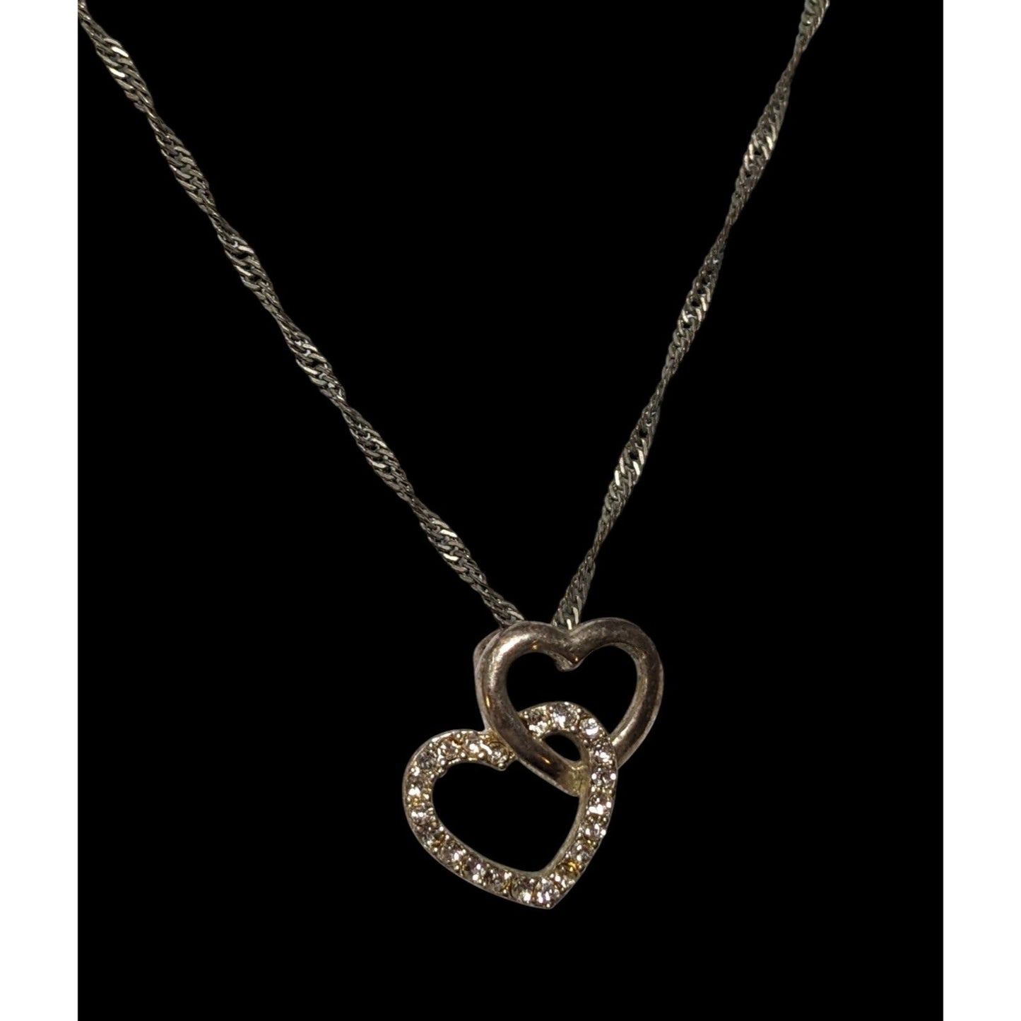 Silver Tone Rhinestone Double Heart Pendant Necklace