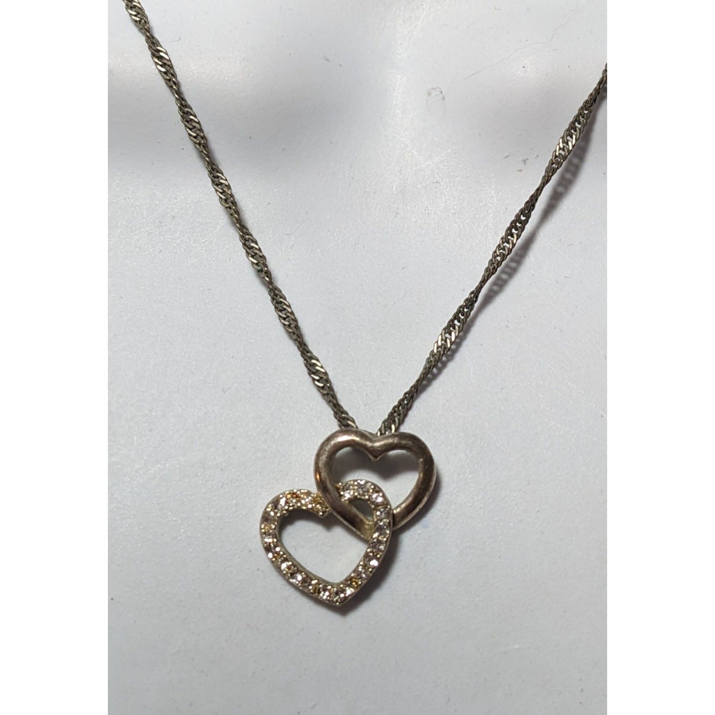 Silver Tone Rhinestone Double Heart Pendant Necklace