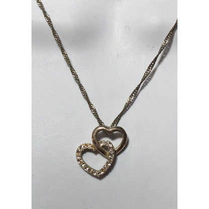 Silver Tone Rhinestone Double Heart Pendant Necklace