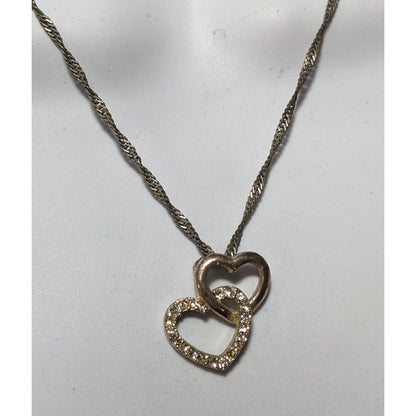 Silver Tone Rhinestone Double Heart Pendant Necklace