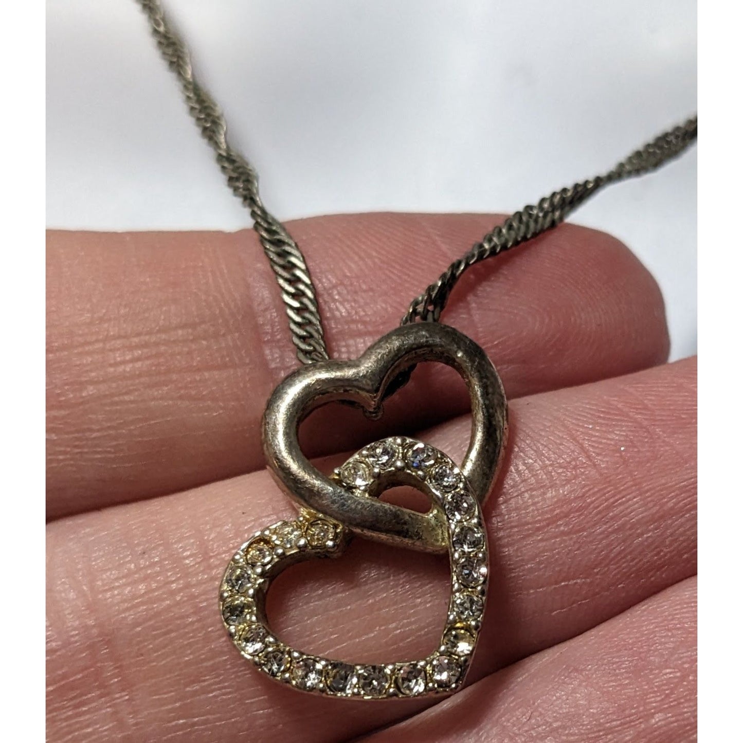 Silver Tone Rhinestone Double Heart Pendant Necklace