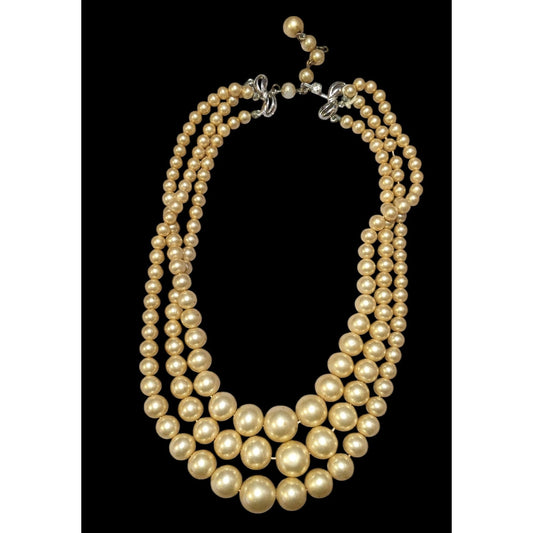 Vintage Marvella Triple Layer Gold Tone Faux Pearl Necklace