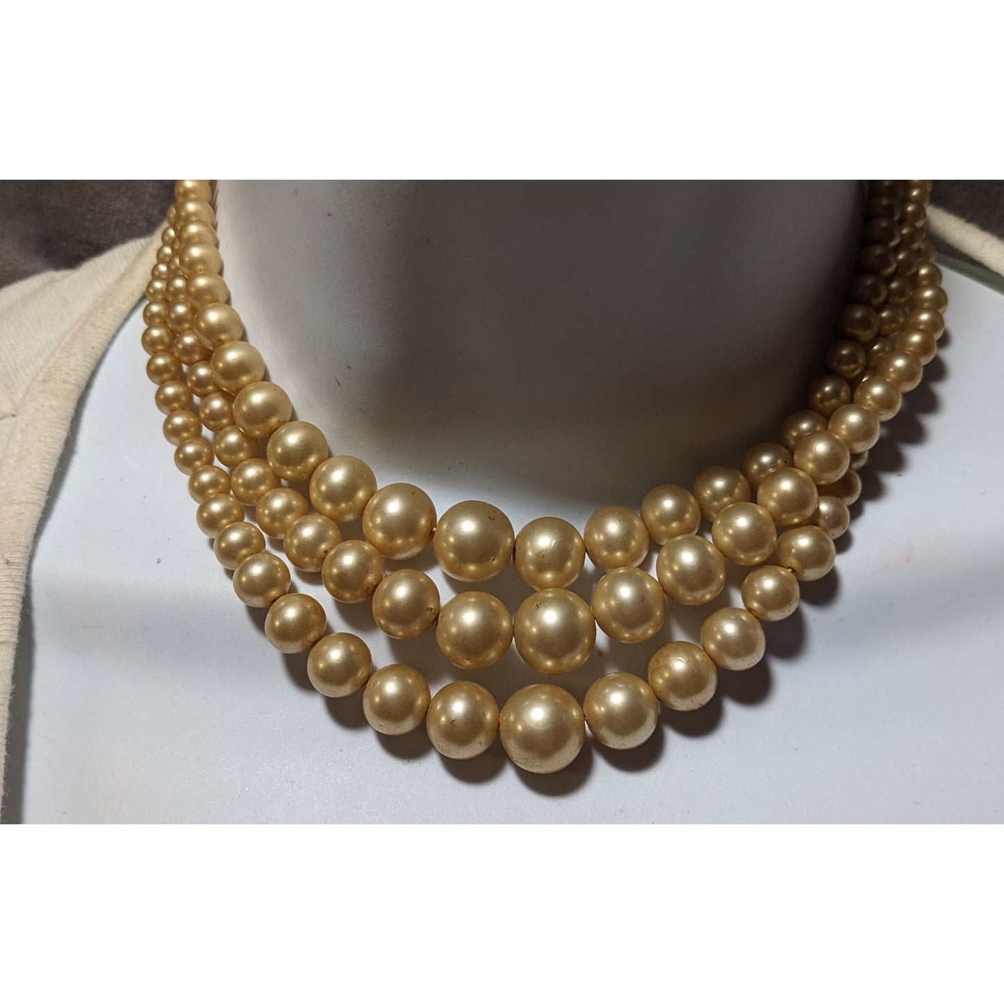 Vintage Marvella Triple Layer Gold Tone Faux Pearl Necklace
