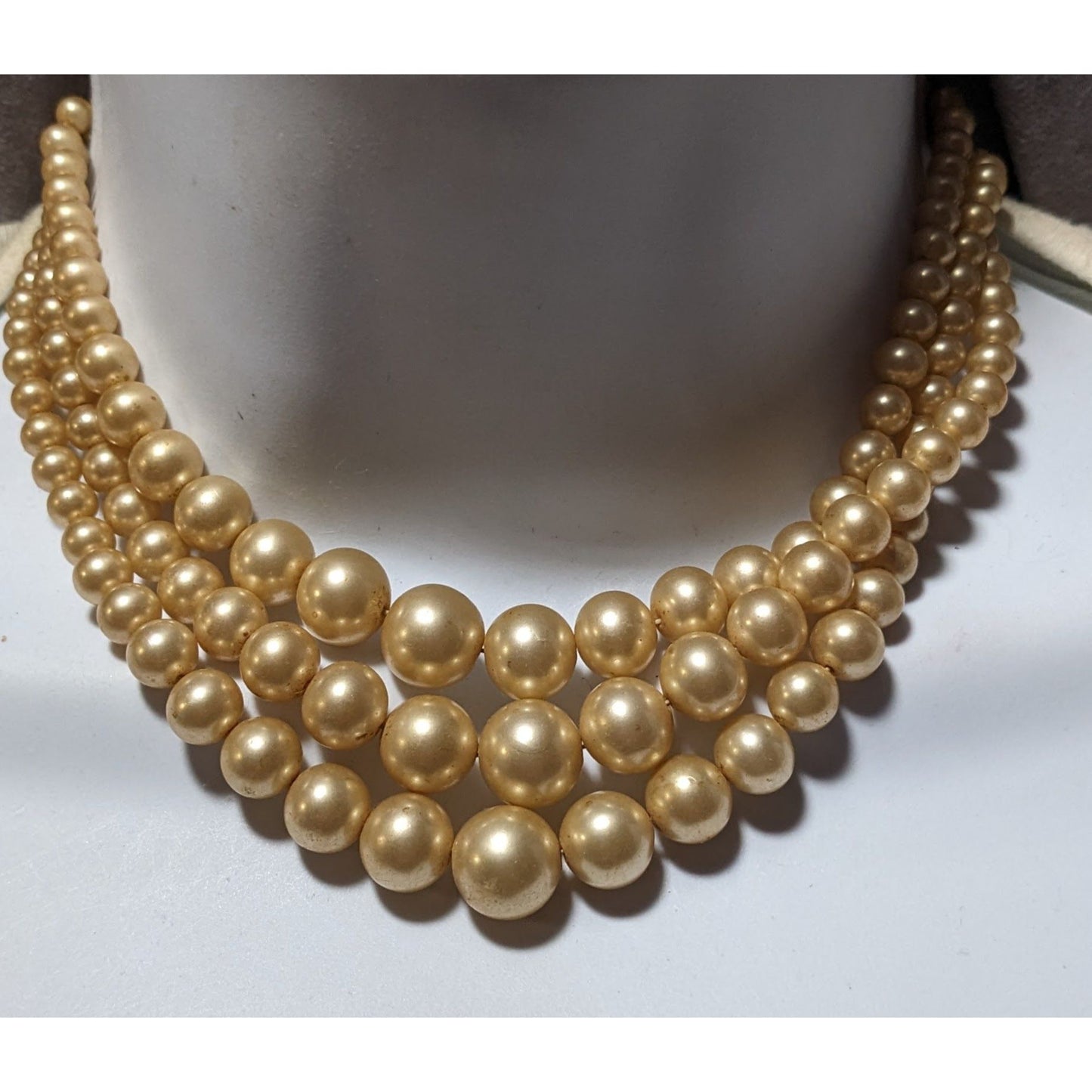 Vintage Marvella Triple Layer Gold Tone Faux Pearl Necklace