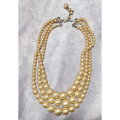 Vintage Marvella Triple Layer Gold Tone Faux Pearl Necklace