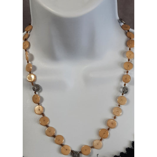 Handmade Bohemian Beige Disc Beaded Necklace With Silver Tone Accents