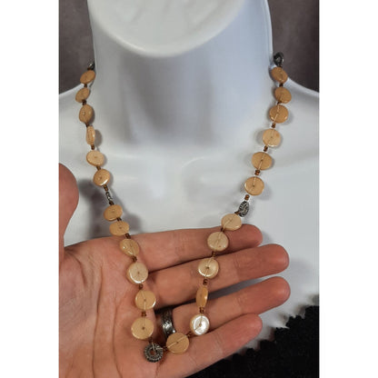 Handmade Bohemian Beige Disc Beaded Necklace With Silver Tone Accents