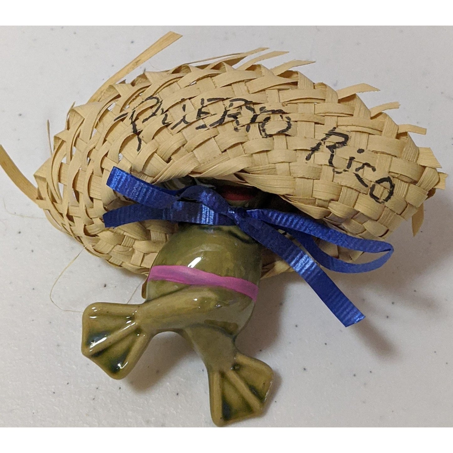Vintage Ceramic Frog Figurine With Woven Hat Puerto Rico Souvenir