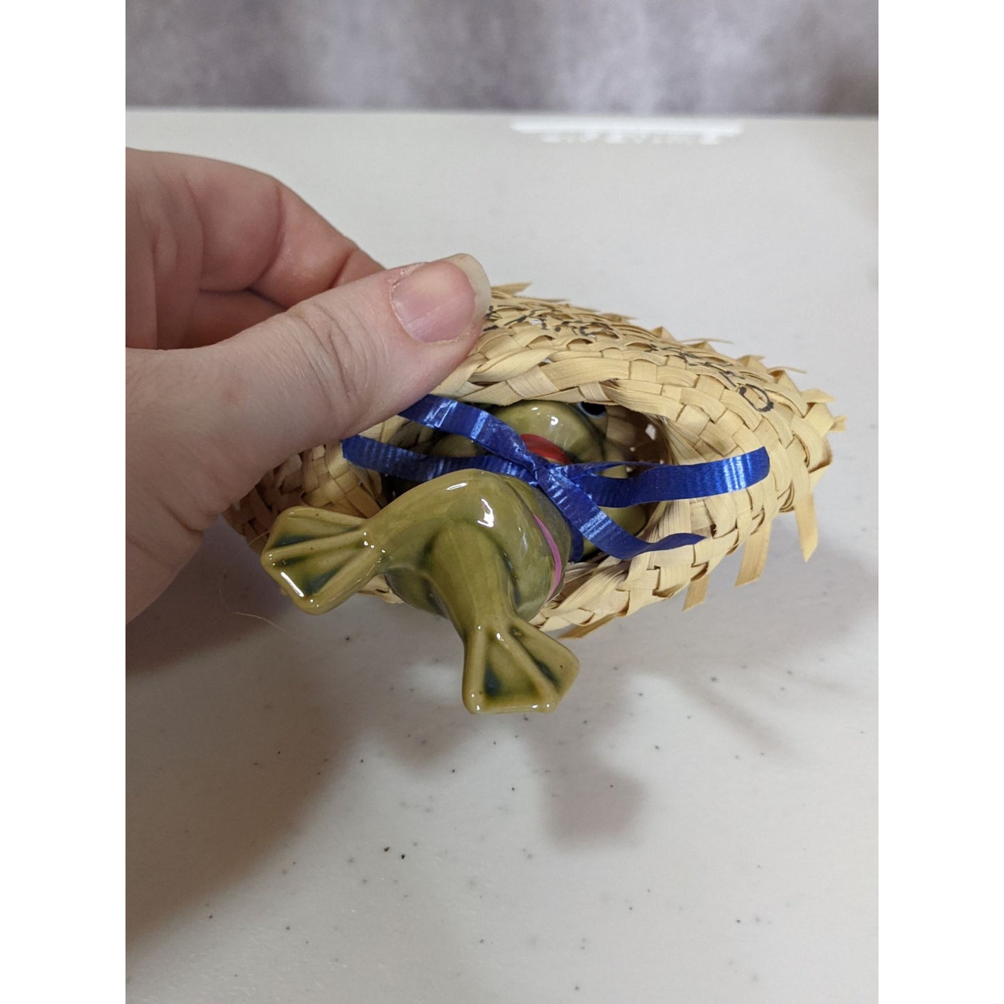 Vintage Ceramic Frog Figurine With Woven Hat Puerto Rico Souvenir