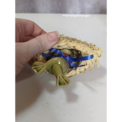 Vintage Ceramic Frog Figurine With Woven Hat Puerto Rico Souvenir