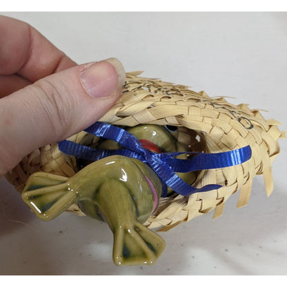 Vintage Ceramic Frog Figurine With Woven Hat Puerto Rico Souvenir