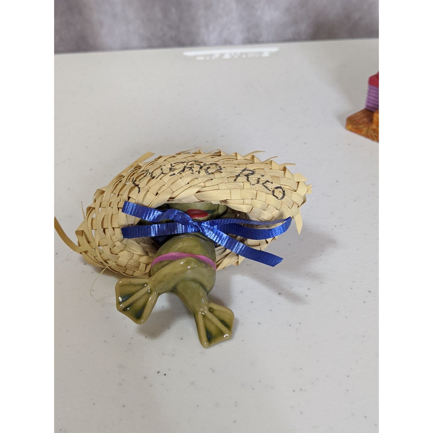 Vintage Ceramic Frog Figurine With Woven Hat Puerto Rico Souvenir
