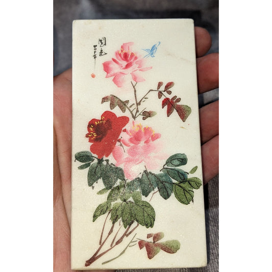 Chinoiserie Floral Marble Art Block Hand Painted Chinese Botanical Decor
