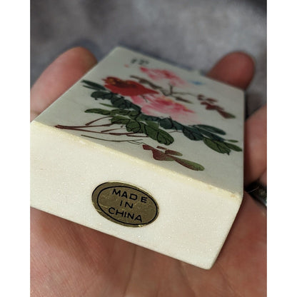 Chinoiserie Floral Marble Art Block Hand Painted Chinese Botanical Decor