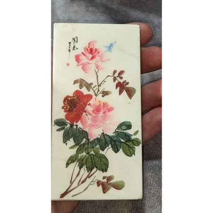 Chinoiserie Floral Marble Art Block Hand Painted Chinese Botanical Decor