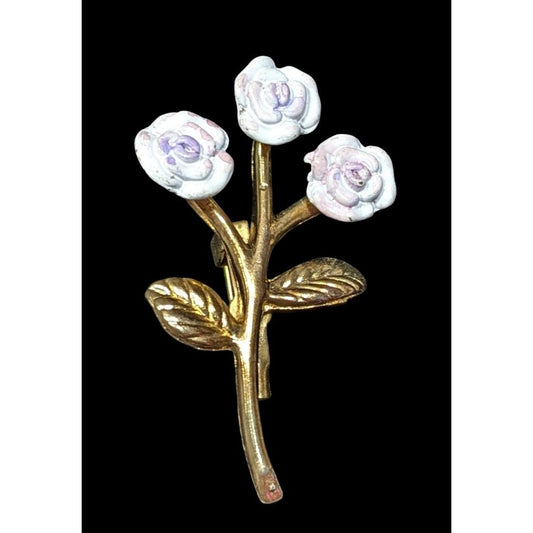 Vintage Cottagecore White And Purple Rose Brooch With Gold Tone Stem