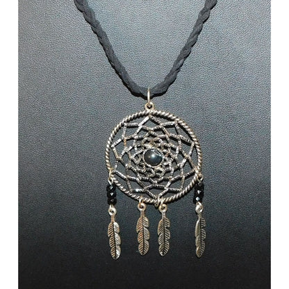 Whimsical Dreamcatcher Black And Silver Tone Necklace
