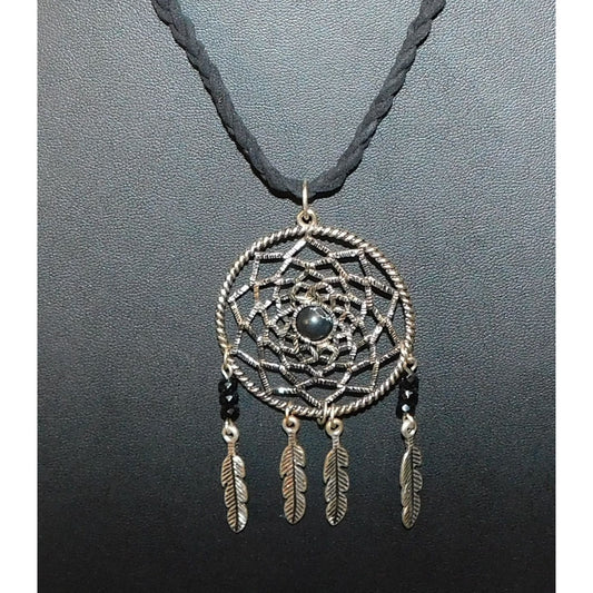 Whimsical Dreamcatcher Black And Silver Tone Necklace