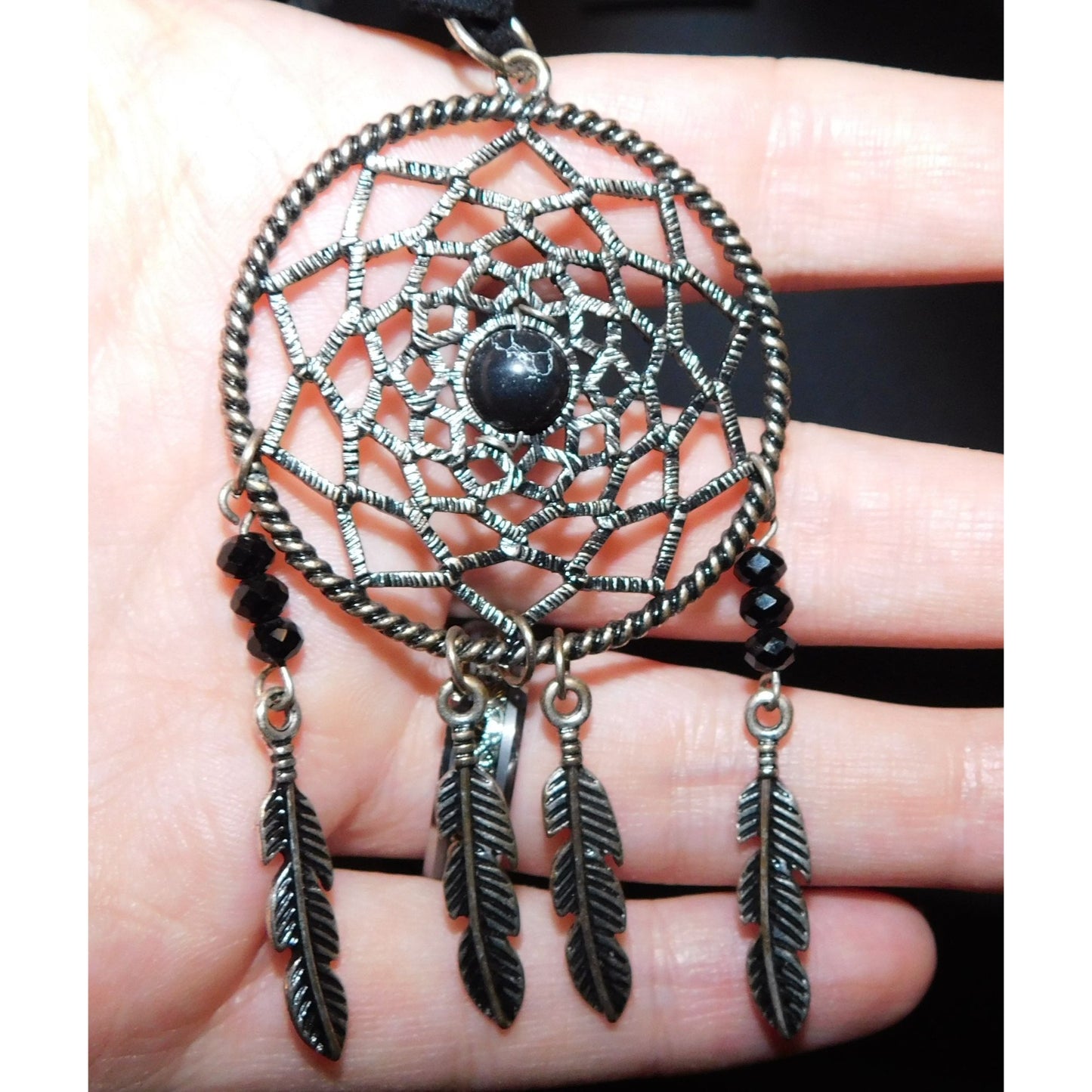 Whimsical Dreamcatcher Black And Silver Tone Necklace