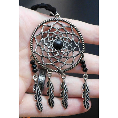 Whimsical Dreamcatcher Black And Silver Tone Necklace